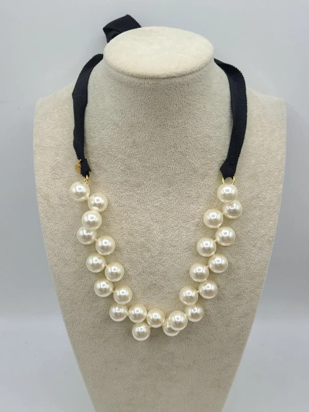 J Crew Faux Pearl Necklace with Black Ribbon Tie